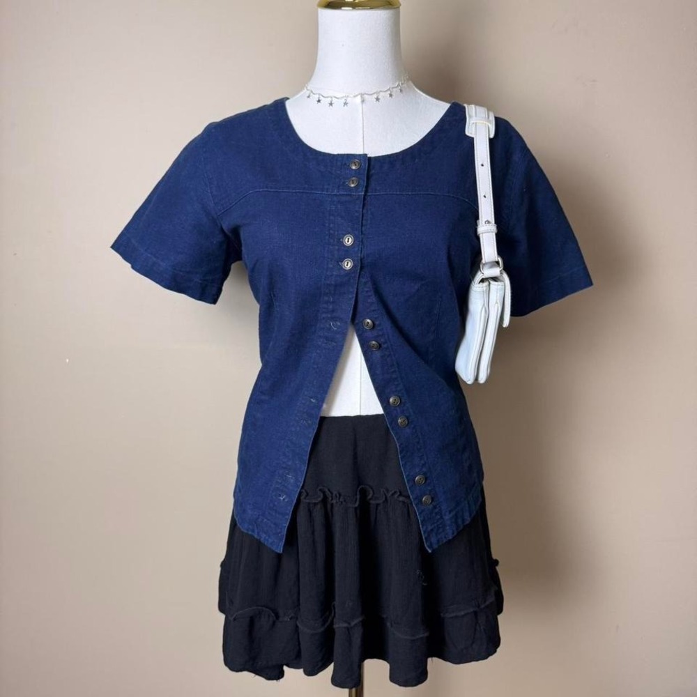 Blue Denim Linen Short Sleeve Blouse Clean Girl Cottage Core Coastal Minimalist